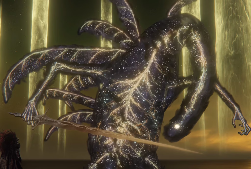 A colossal e mística criatura Elden Beast flutuando sobre uma dimensão aquática repleta de pilares dourados de luz, com o corpo translúcido brilhando com poeira estelar cósmica