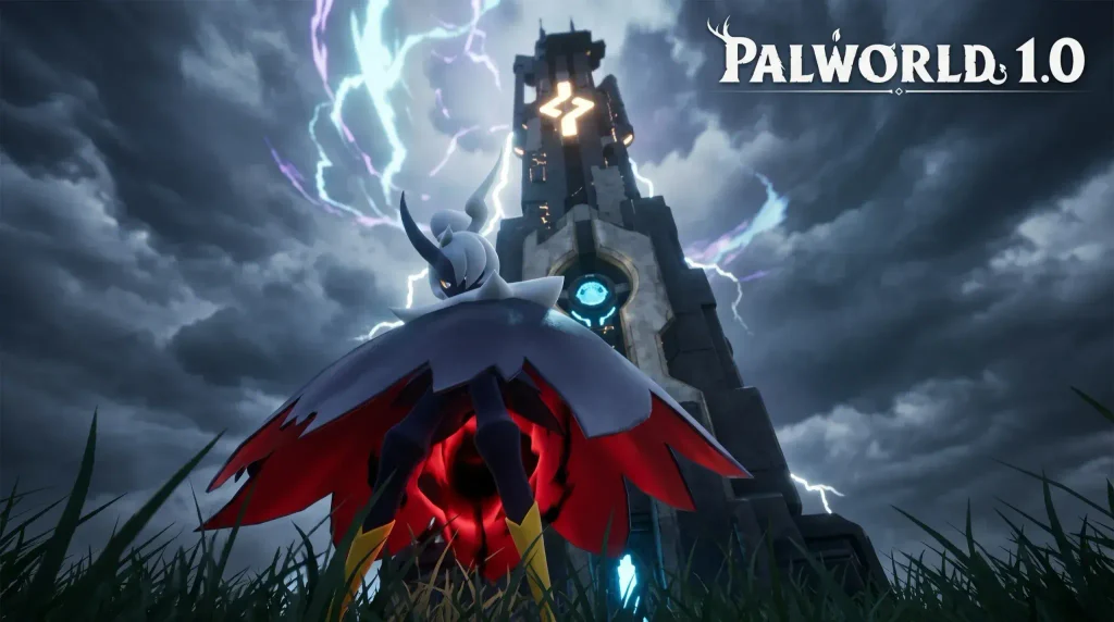 Vista de uma das colossais torres tecnológicas de Palworld cortando as nuvens, com uma estátua misteriosa de pedra de um Pal aos seus pés