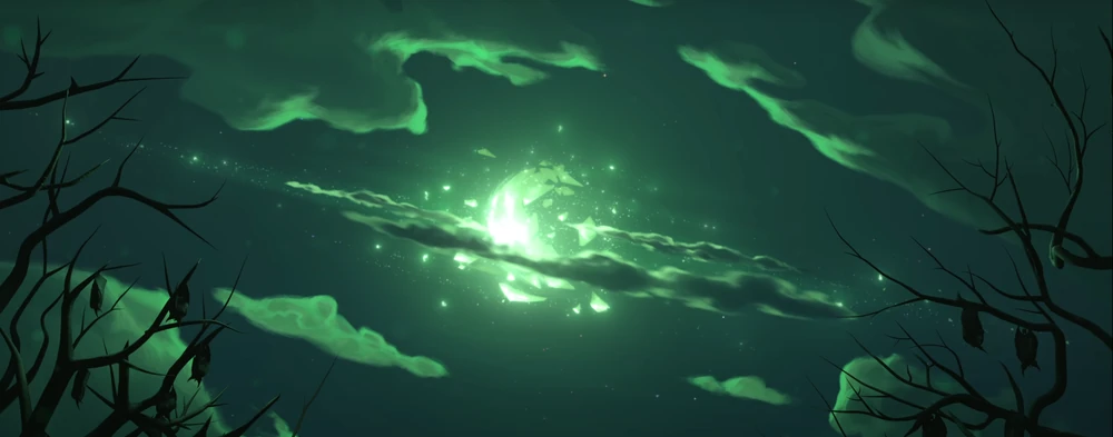 Ilustração artística da Lua Louca, a Mad Moon de Dota 2, brilhando com energia azul e vermelha no céu estrelado de um planeta pré-histórico