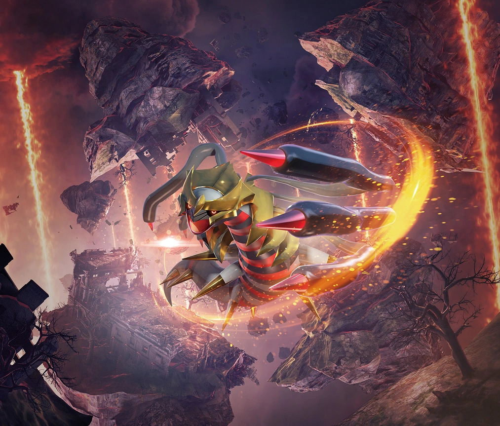 A dramática cena no Spear Pillar onde a sombra negra de Giratina emerge de um portal rasgado no chão para confrontar Cyrus, enquanto as silhuetas de Dialga e Palkia lutam contra as amarras rúnicas.