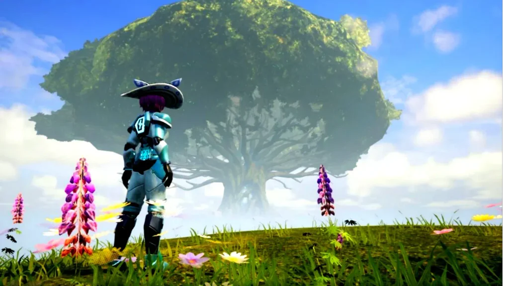 A imensa árvore mística, a World Tree de Palworld, situada no horizonte norte, protegida por uma barreira mágica translúcida e brilhante sob o céu do arquipélago