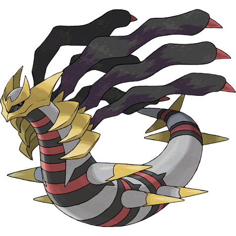 Giratina em sua majestosa Forma Origem (Origin Forme) flutuando em meio ao cenário bizarro do Mundo Distorcido, com pilares de pedra invertidos e cachoeiras de água que correm para cima.