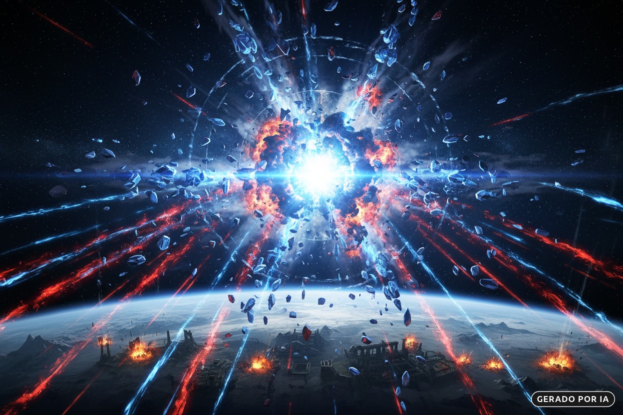 A Tragédia Cósmica de Dota 2: Entenda a Lore por Trás do Maior Conflito dos Games 3 Gerado por IA: Uma explosão cósmica intensa irradia luz e fragmentos de rocha sobre a superfície de um planeta devastado.