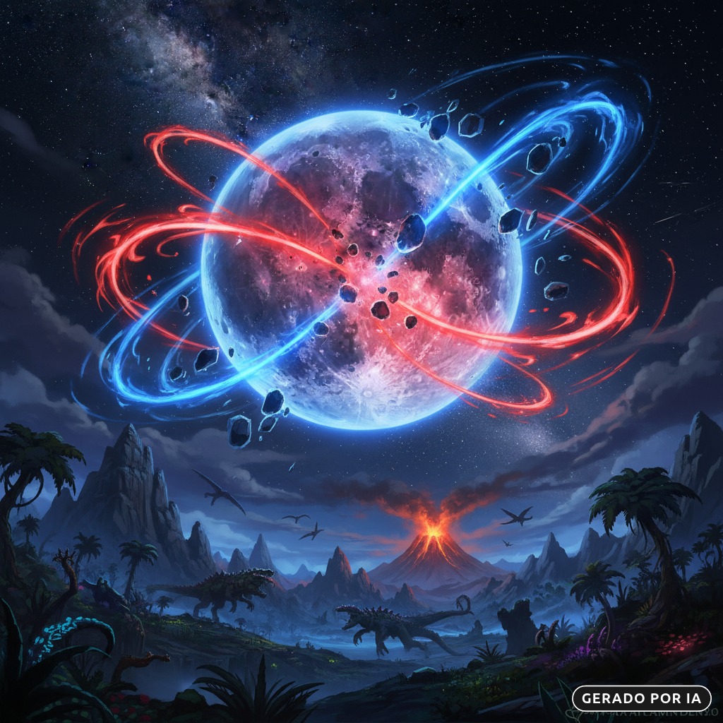 A Tragédia Cósmica de Dota 2: Entenda a Lore por Trás do Maior Conflito dos Games 2 Gerado por IA: Dinossauros caminham em uma paisagem pré-histórica com um vulcão em erupção sob um planeta gigante cercado por anéis de energia azul e vermelha no céu noturno.