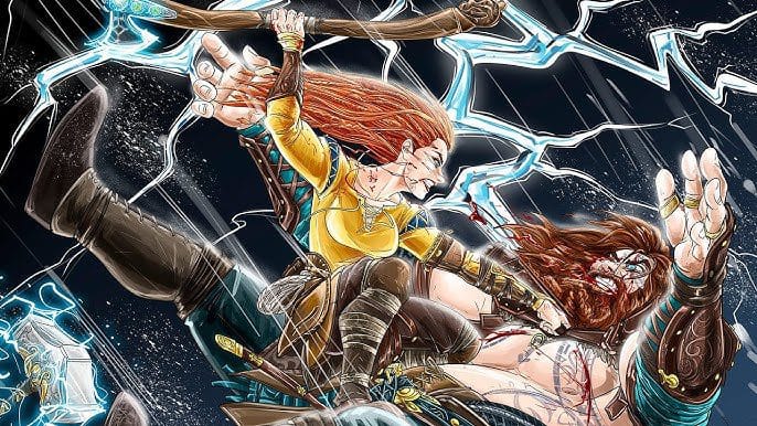Ilustração conceitual detalhada do embate entre Laufey, empunhando o Machado Leviatã brilhando em azul rúnico, contra Thor, empunhando o Mjölnir coberto de raios amarelos na Cratera de Vanaheim.