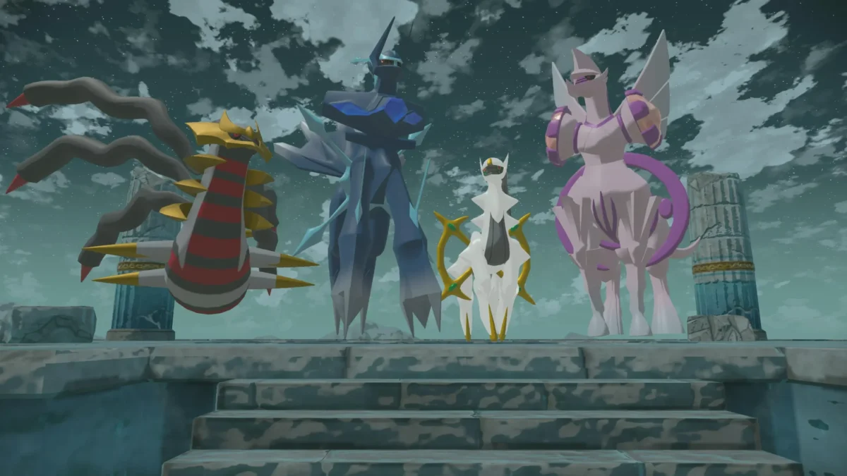 Ilustração épica no topo do Monte Coronet, mostrando a silhueta majestosa de Arceus  envolta em uma aura dourada, enquanto cria as formas originais de Dialga (azul), Palkia (rosa) e a sombra de Giratina (escura)