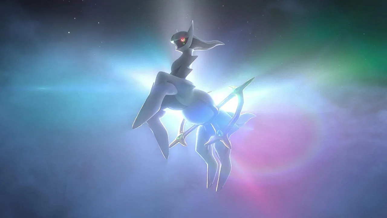 Ilustração épica no topo do Monte Coronet, mostrando a silhueta majestosa de Arceus envolta em uma aura dourada