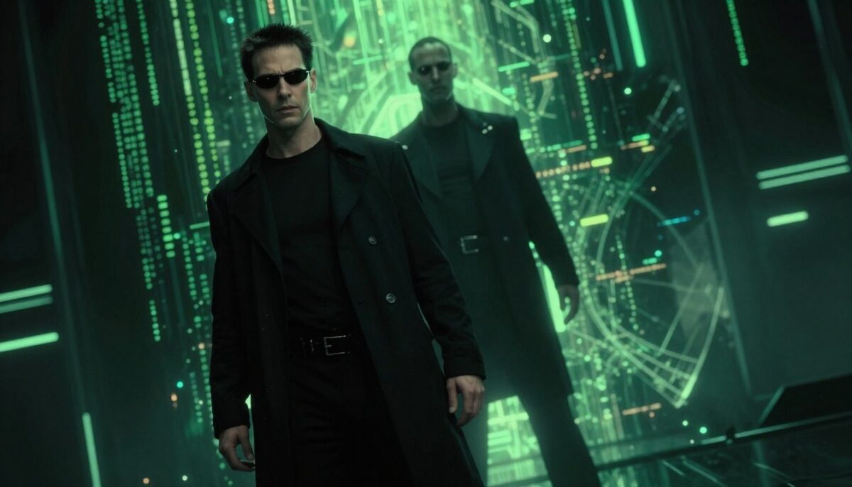 A dramatic scene depicting Neo in a pivotal moment of refusal, set within the futuristic world of "The Matrix." In the foreground, Neo stands confidently, dressed in sleek black attire, with a determined expression as lines of code subtly shimmer behind him. In the middle ground, the Architect looms, surrounded by a luminous, abstract technological backdrop, illustrating the complexity of the Matrix. The atmosphere is tense, with a moody green tint reminiscent of the film's iconic visual aesthetic. The lighting is high contrast, casting dynamic shadows that enhance the intensity of the exchange. The angle should be slightly tilted, suggesting a shift in reality as Neo's decision alters the course of events. Overall, the image captures the weight of choice and the essence of defiance within the Matrix universe. A dramatic scene depicting Neo in a pivotal moment of refusal, set within the futuristic world of "The Matrix." In the foreground, Neo stands confidently, dressed in sleek black attire, with a determined expression as lines of code subtly shimmer behind him. In the middle ground, the Architect looms, surrounded by a luminous, abstract technological backdrop, illustrating the complexity of the Matrix. The atmosphere is tense, with a moody green tint reminiscent of the film's iconic visual aesthetic. The lighting is high contrast, casting dynamic shadows that enhance the intensity of the exchange. The angle should be slightly tilted, suggesting a shift in reality as Neo's decision alters the course of events. Overall, the image captures the weight of choice and the essence of defiance within the Matrix universe.