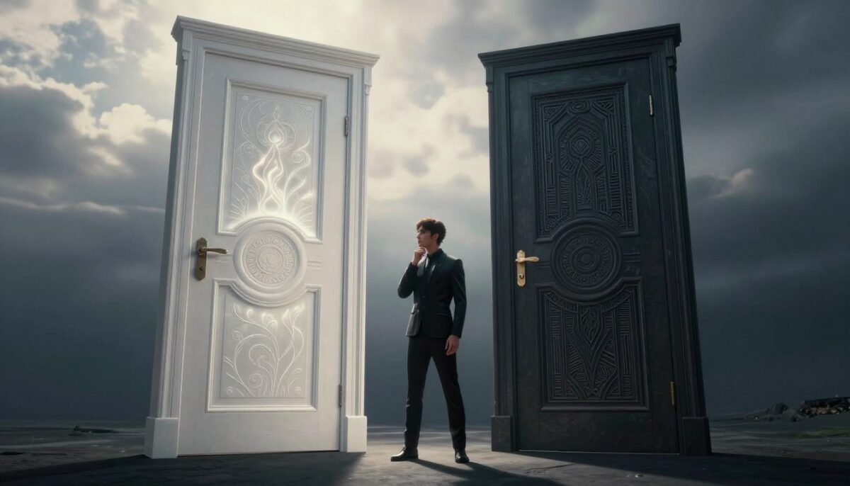 A surreal scene illustrating two towering doors positioned side by side, symbolizing a pivotal choice facing Zion. The foreground features intricately designed doors, one engraved with ethereal patterns of light and the other adorned with dark, complex lines. The middle ground showcases Zion, a figure clad in sleek, modern attire, contemplating the decision with a thoughtful expression. The background is a dreamlike landscape, blending a bright, hopeful sky above the light door and a shadowy, brooding atmosphere around the dark door. Soft, diffused lighting casts gentle shadows, creating an intense yet contemplative mood, suggesting the weight of choice. The camera angle is slightly low, emphasizing the doors’ grandeur and Zion's focal point of decision. A surreal scene illustrating two towering doors positioned side by side, symbolizing a pivotal choice facing Zion. The foreground features intricately designed doors, one engraved with ethereal patterns of light and the other adorned with dark, complex lines. The middle ground showcases Zion, a figure clad in sleek, modern attire, contemplating the decision with a thoughtful expression. The background is a dreamlike landscape, blending a bright, hopeful sky above the light door and a shadowy, brooding atmosphere around the dark door. Soft, diffused lighting casts gentle shadows, creating an intense yet contemplative mood, suggesting the weight of choice. The camera angle is slightly low, emphasizing the doors’ grandeur and Zion's focal point of decision.
